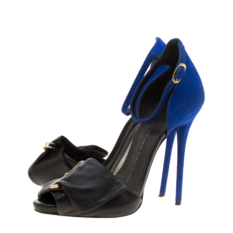 Giuseppe Zanotti Black Leather And Blue Suede Safety Pin Ankle Strap Sandals Size 37