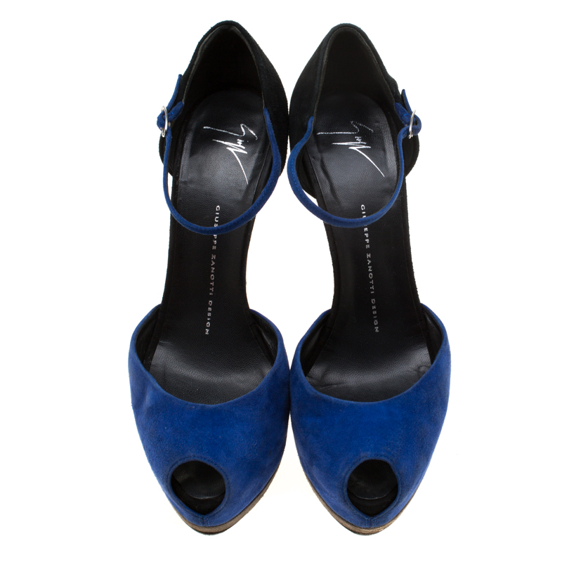 Giuseppe Zanotti Blue/Black Suede Peep Toe Ankle Strap Platform Sandals Size 39