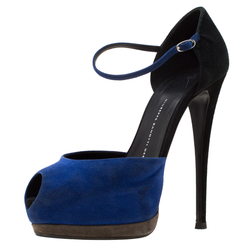 Giuseppe zanotti blue/black suede peep toe ankle strap platform sandals size 39