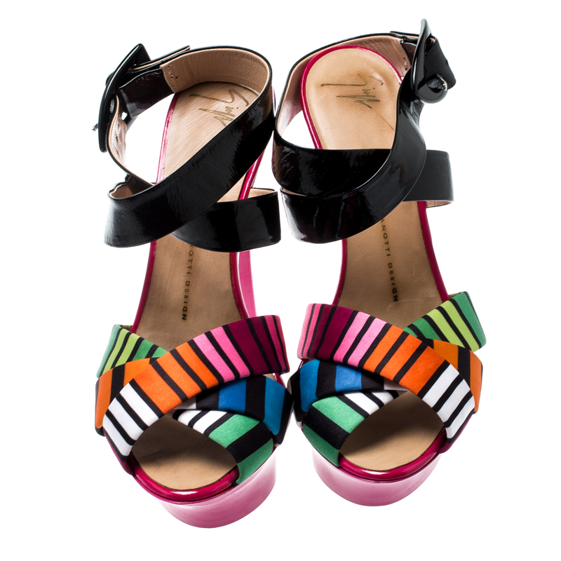 Giuseppe Zanotti Multicolor Satin And Patent Leather Cross Strap Platform Sandals Size 39