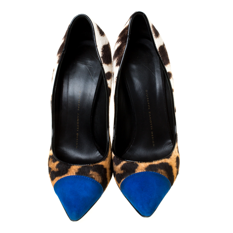 Giuseppe Zanotti Multicolor Leopard Print Pony Hair And Blue Suede Pointed Toe Pumps Size 37.5