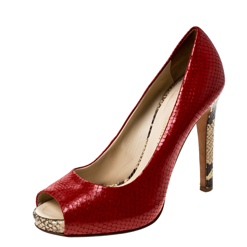 Giuseppe zanotti red python embossed leather peep toe pumps size 39.5