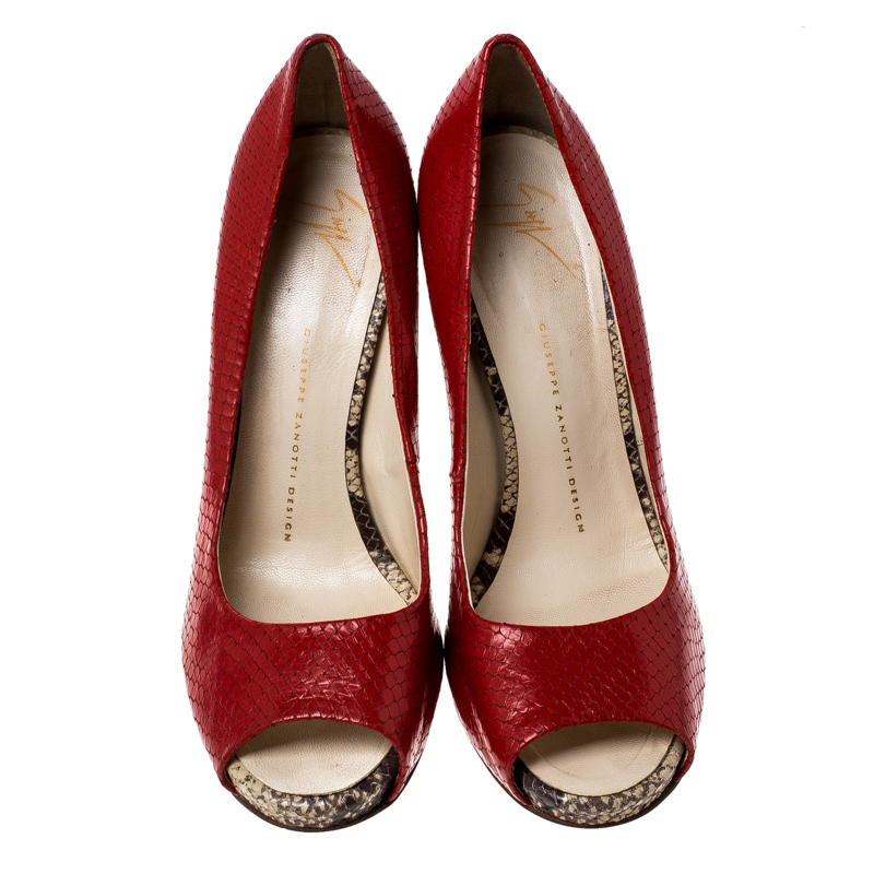 Giuseppe Zanotti Red Python Embossed Leather Peep Toe Pumps Size 39.5
