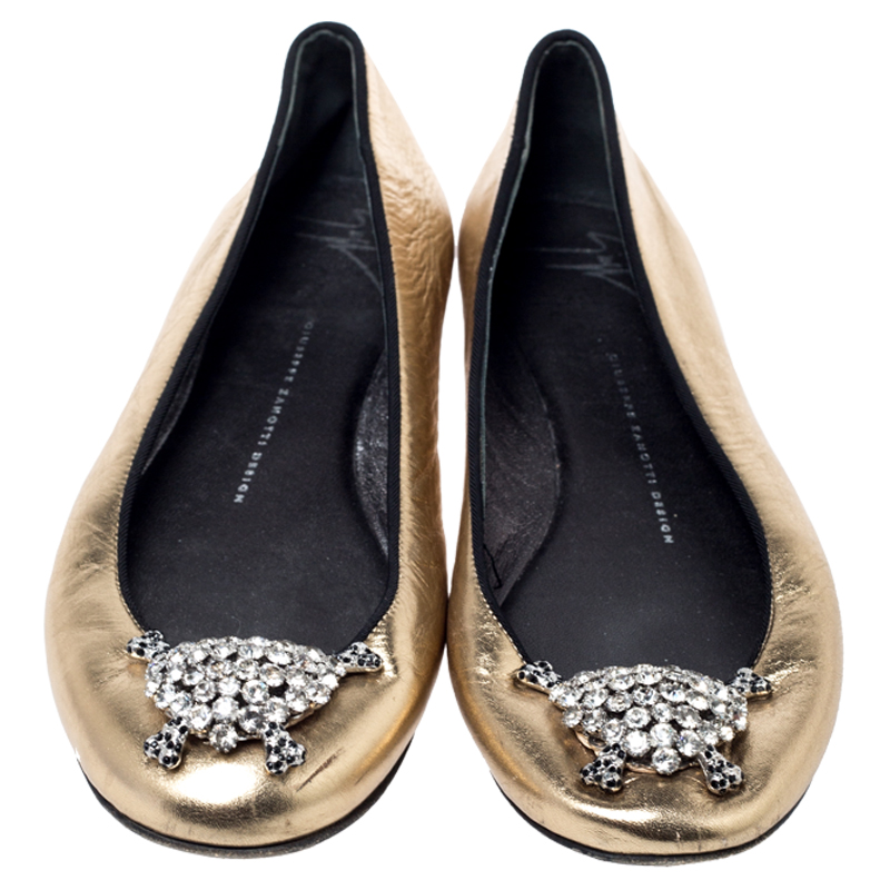 Giuseppe Zanotti Metallic Gold Leather Crystal Embellished Ballet Flats Size 38