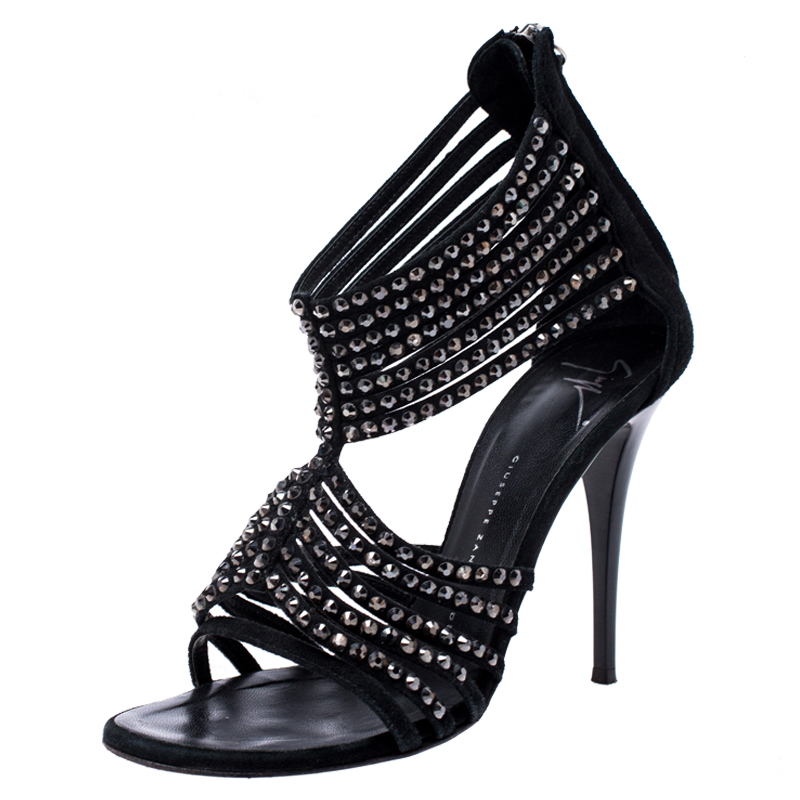 

Giuseppe Zanotti Black Suede Embellished Strappy Sandals Size