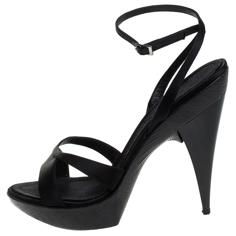 Giuseppe Zanotti Black Satin Platform Ankle Strap Sandals Size 40.5