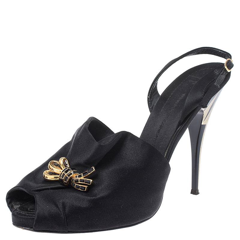 Giuseppe Zanotti Black Satin Bow Crystal Embellished Slingback Sandals Size 39