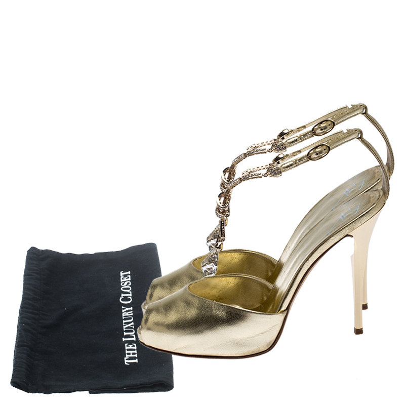 Giuseppe Zanotti Metallic Gold Leather Dangle Crystal Embellishment Sandals Size 37