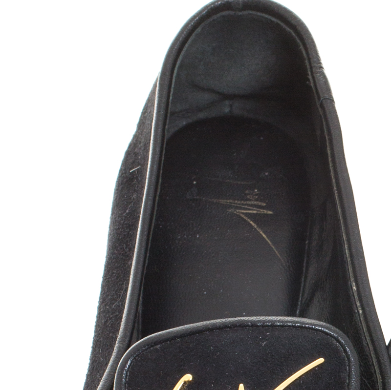 Giuseppe Zanotti Black Suede Gold-Tone Cap Toe Logo Embellished Smoking Slippers Size 36