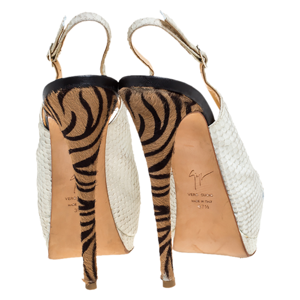 Giuseppe Zanotti White Python Embossed Leather Peep Toe Platform Slingback Sandals Size 37.5
