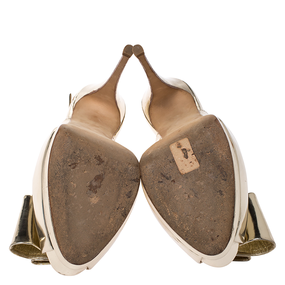Giuseppe Zanotti Metallic Gold Leather Bow Embellished Platform Slingback Sandals Size 40