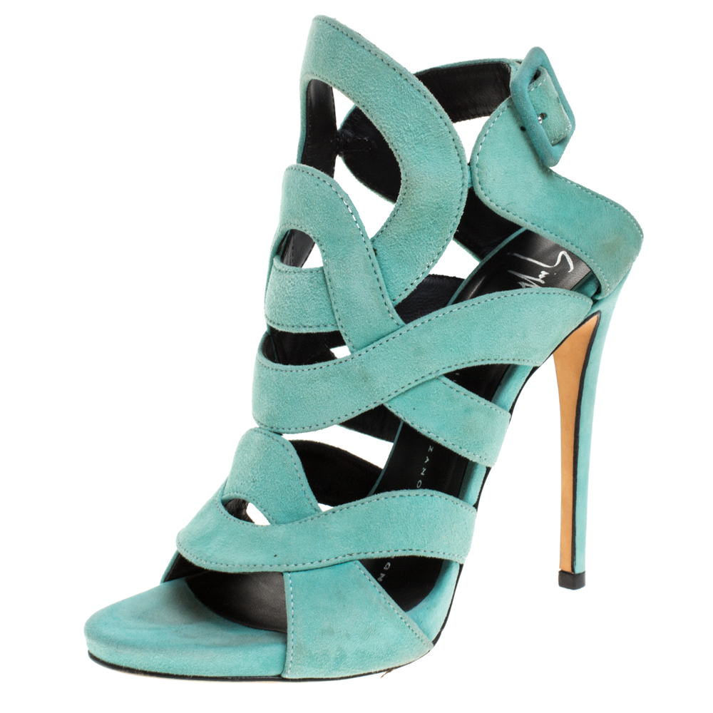 Image of Giuseppe Zanotti Aqua Suede Cutout Caged Slingback Sandals Size