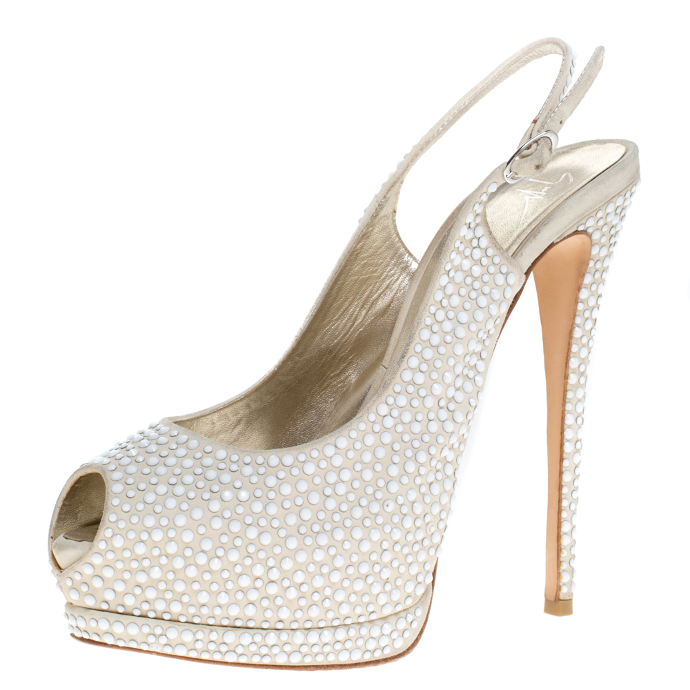 Giuseppe zanotti beige suede crystal embellished peep toe platform slingback sandals size 40