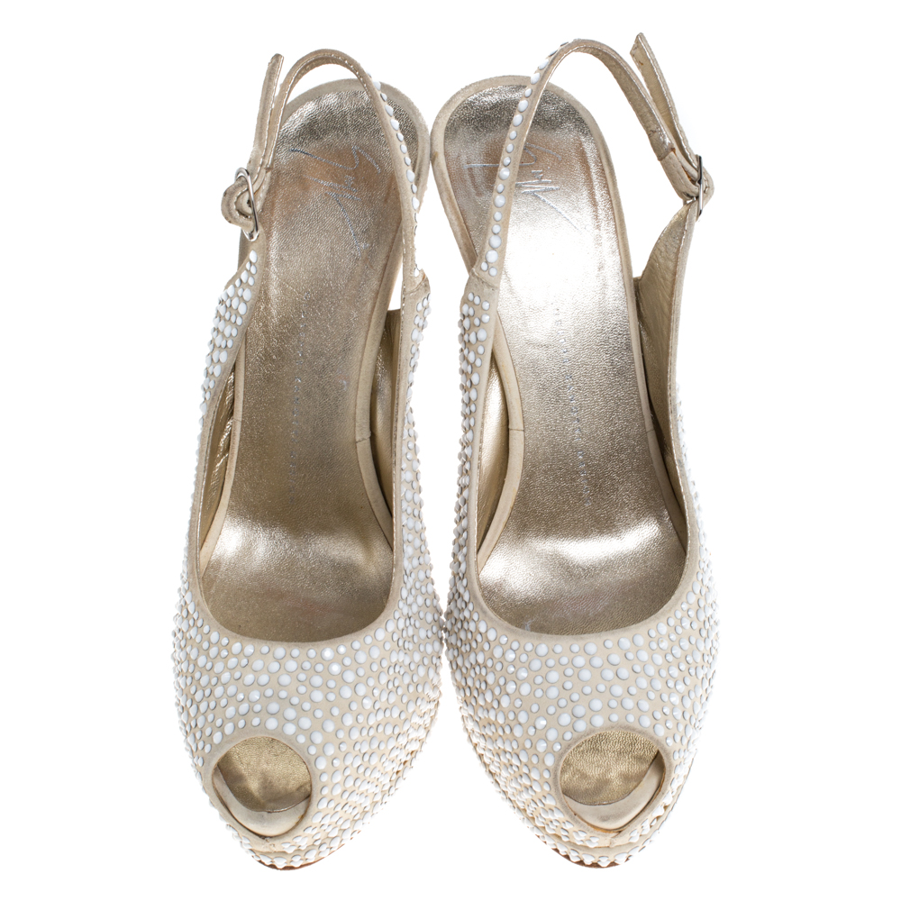 Giuseppe Zanotti Beige Suede Crystal Embellished Peep Toe Platform Slingback Sandals Size 40