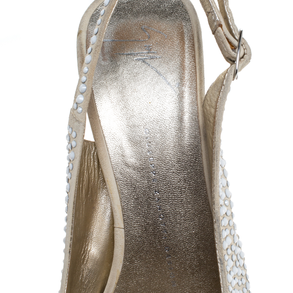 Giuseppe Zanotti Beige Suede Crystal Embellished Peep Toe Platform Slingback Sandals Size 40