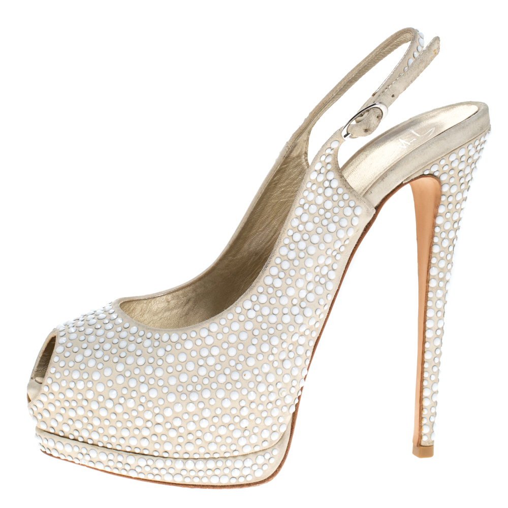 Giuseppe Zanotti Beige Suede Crystal Embellished Peep Toe Platform Slingback Sandals Size 40