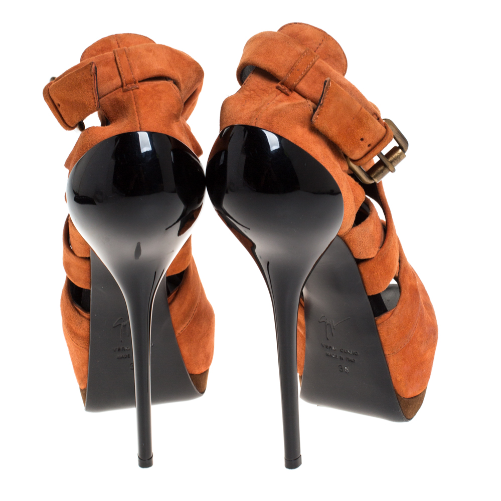 Giuseppe Zanotti Orange Suede Strappy Peep Toe Platform Sandals Size 38