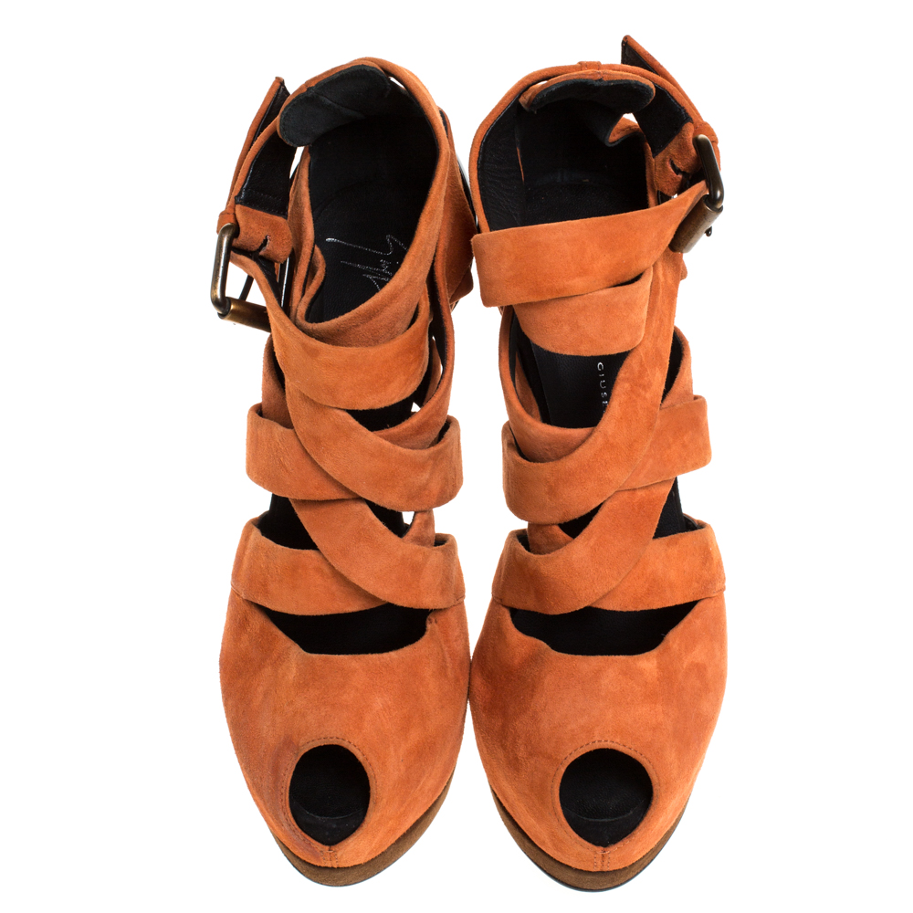Giuseppe Zanotti Orange Suede Strappy Peep Toe Platform Sandals Size 38