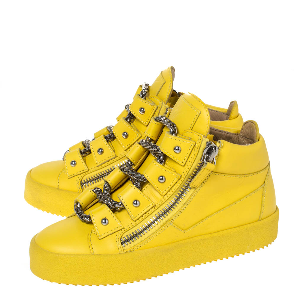 Giuseppe Zanotti Yellow Leather Gold Chain Laces Dual Zip Sneakers Size 35
