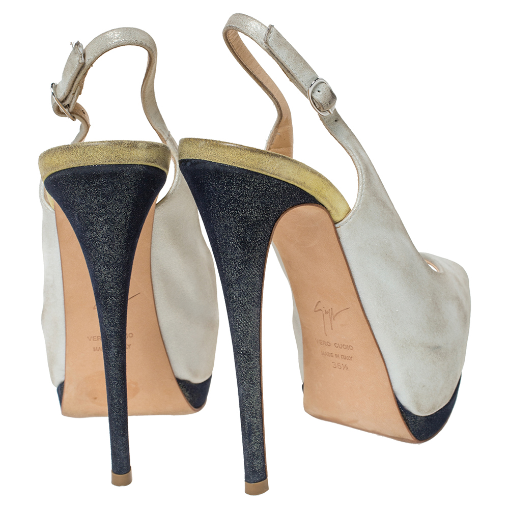 Guiseppe Zannotti Tri Color Nubuck Peep Toe Slingback Platform Sandals Size 36.5