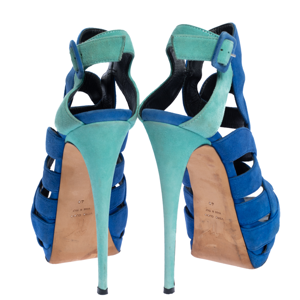 Giuseppe Zanotti Blue Suede Cutout Caged Slingback Sandals Size 40