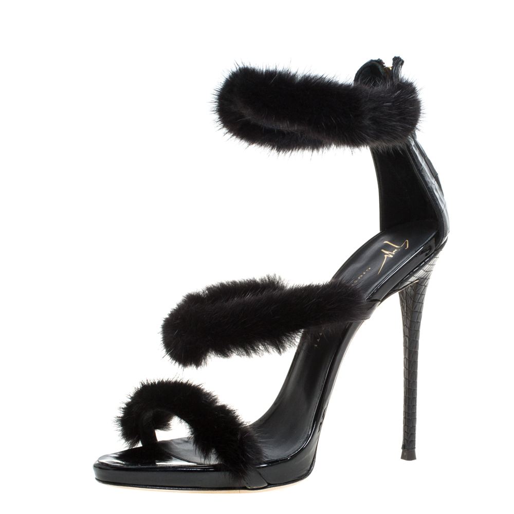 Image of Giuseppe Zanotti Black Leather and Fur Triple Strap Sandals Size