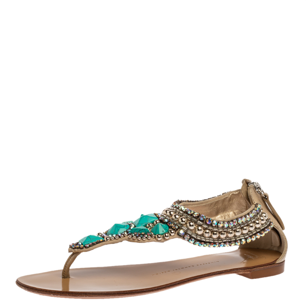 Image of Giuseppe Zanotti Beige Leather Crystal Embellished Thong Flats Size .