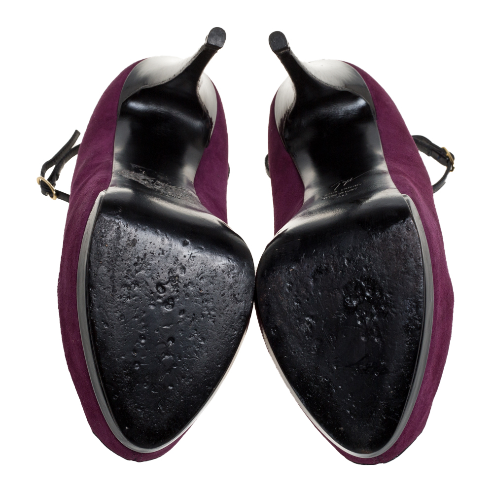 Giuseppe Zanotti Purple Suede Crystal Embellished Pep Toe Ankle Strap Pumps Size 40