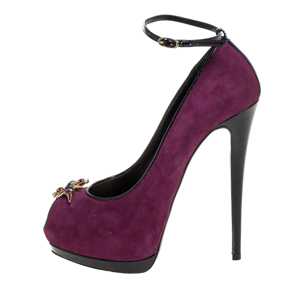 Giuseppe Zanotti Purple Suede Crystal Embellished Pep Toe Ankle Strap Pumps Size 40