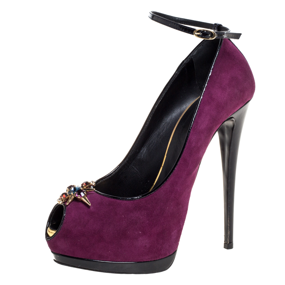 Giuseppe zanotti purple suede crystal embellished pep toe ankle strap pumps size 40