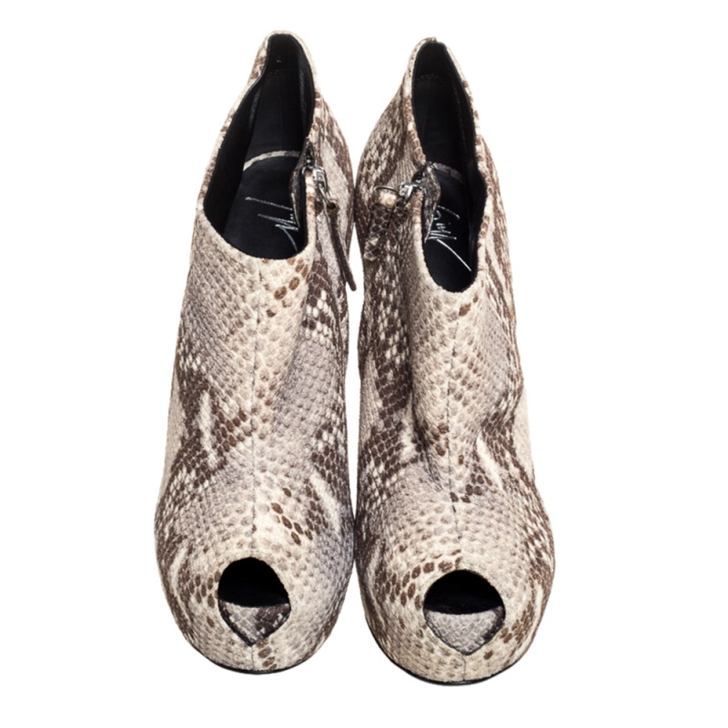 Giuseppe Zanotti Beieg/Brown Suede Python Embossed Peep Toe Boots Size 38