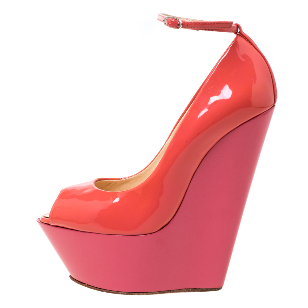 Giuseppe Zanotti Pink/Orange Patent Leather Ankle Strap Platform Wedge Pumps Size 36