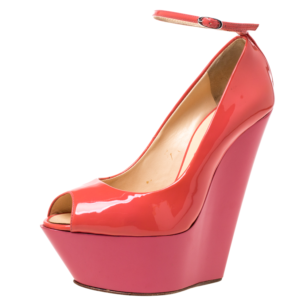 Giuseppe zanotti pink/orange patent leather ankle strap platform wedge pumps size 36