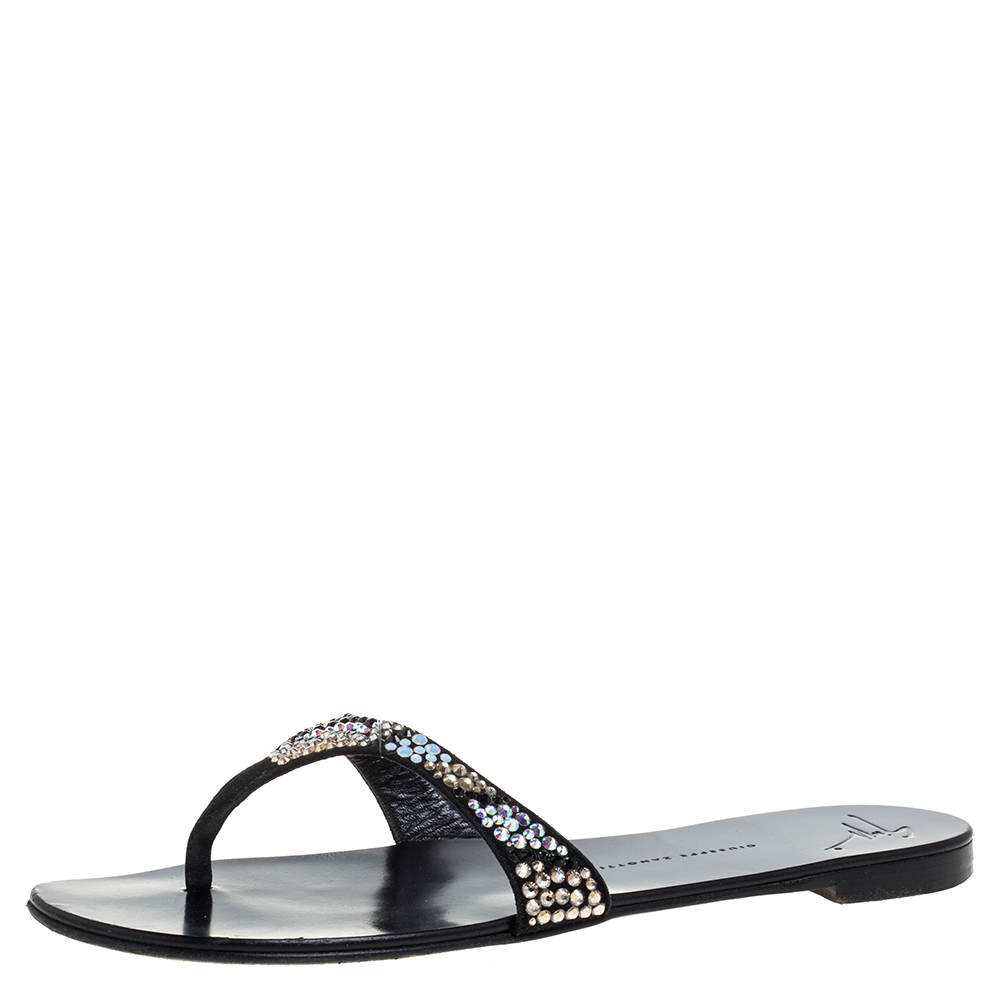 Image of Giuseppe Zanotti Black Crystal Embellished Flat Sandals Size