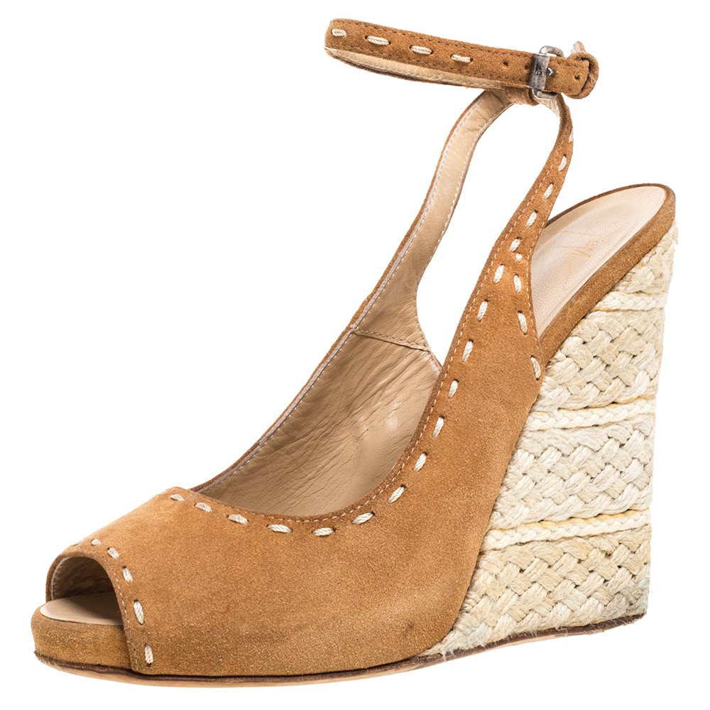 Giuseppe Zanotti Brown Suede Leather Peep Toe Wedge Espadrille Ankle Wrap Sandals Size 38