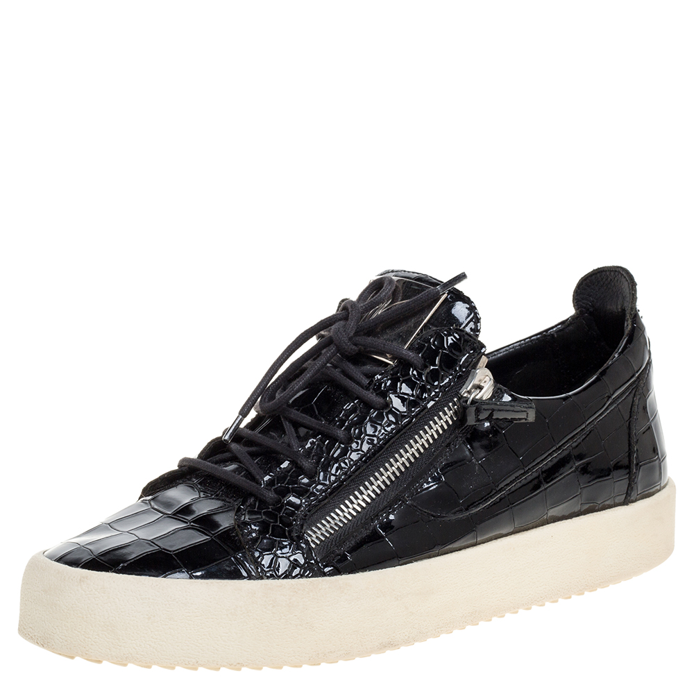 Giuseppe Zanotti Black Croc Embossed Leather Low Top Sneakers Size 44.5
