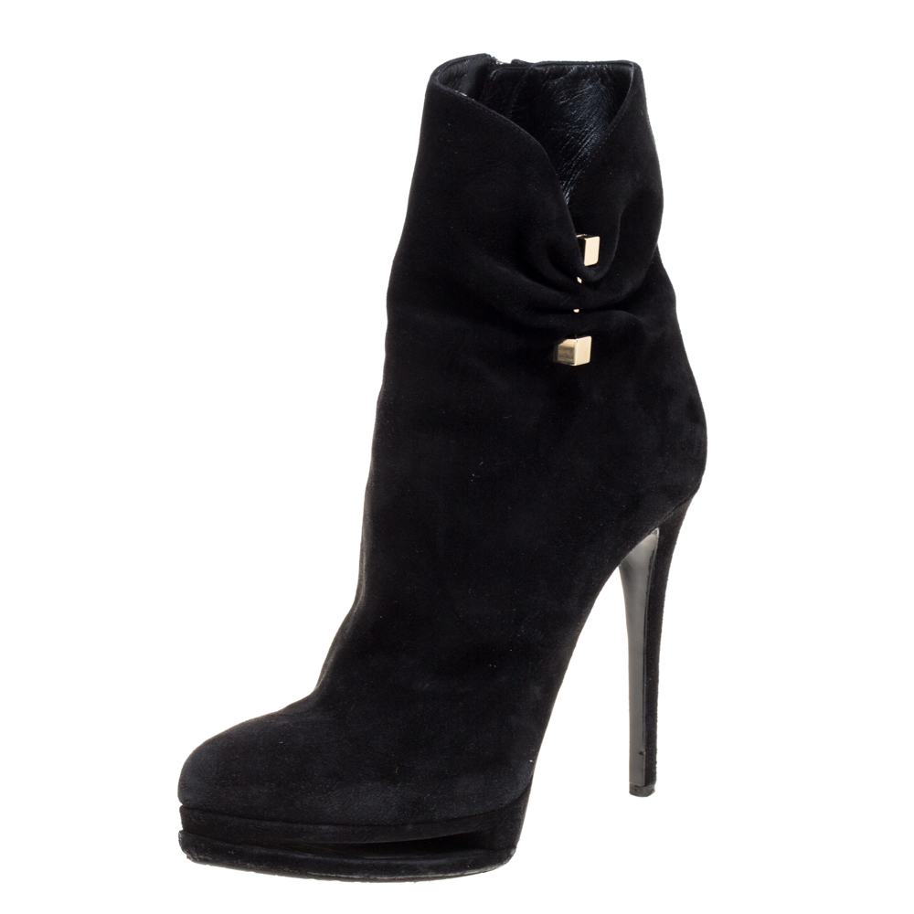 Image of Le Silla Black Suede Hat Pin Platform Ankle Boots Size .
