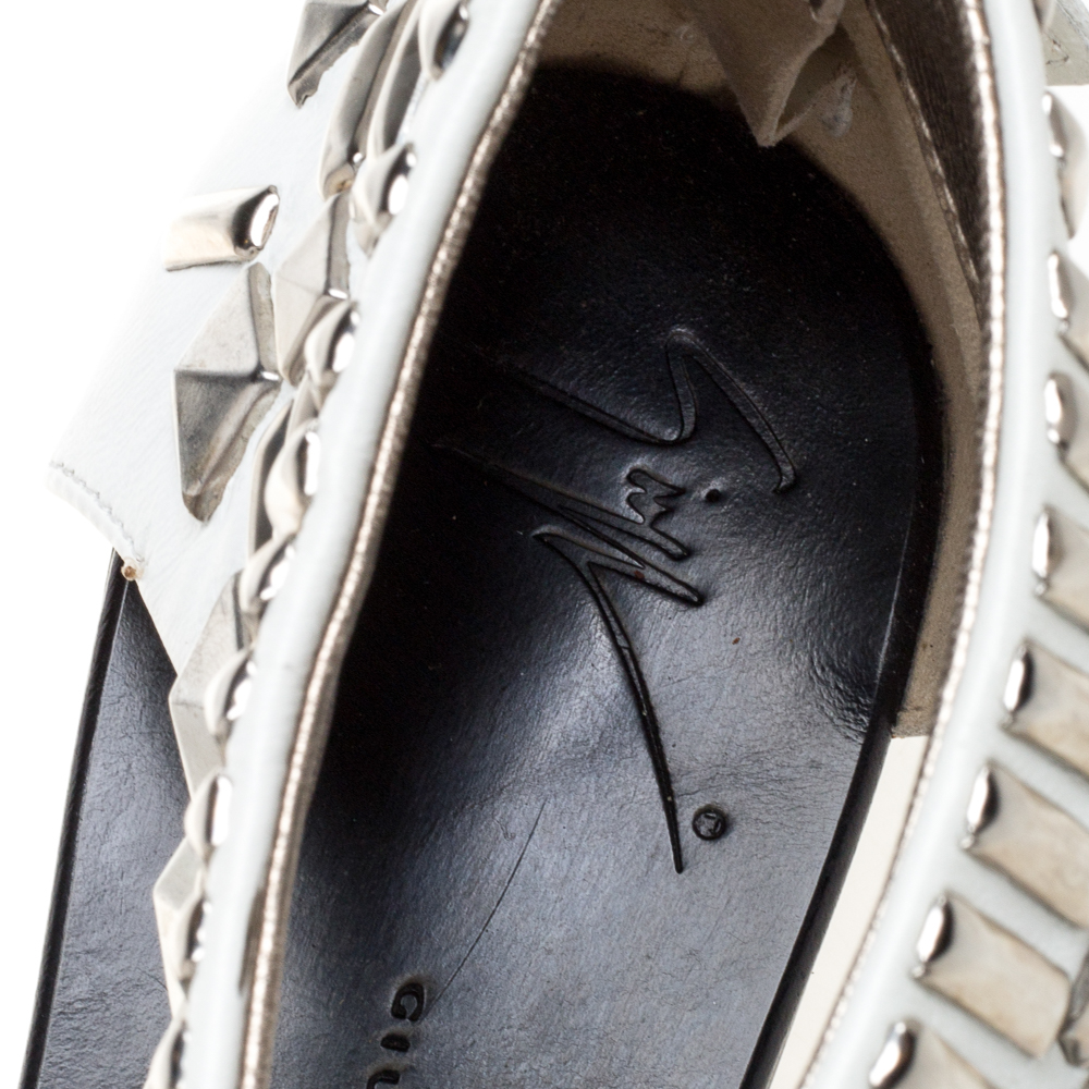 Giuseppe Zanotti White Leather Studded Ankle Cuff Zipper Flats Size 36