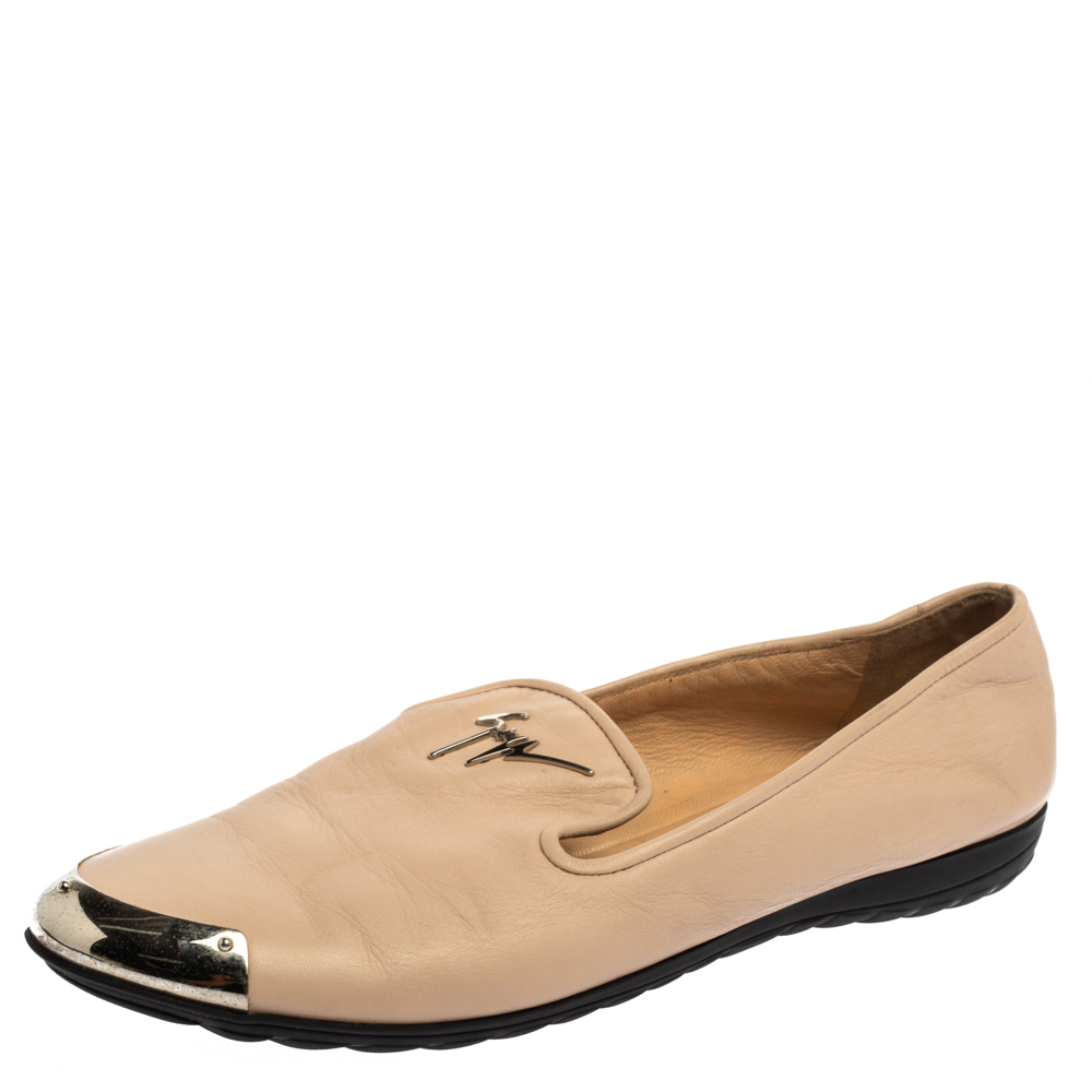 Image of Giuseppe Zanotti Beige Leather Embellished Smoking Slippers Size