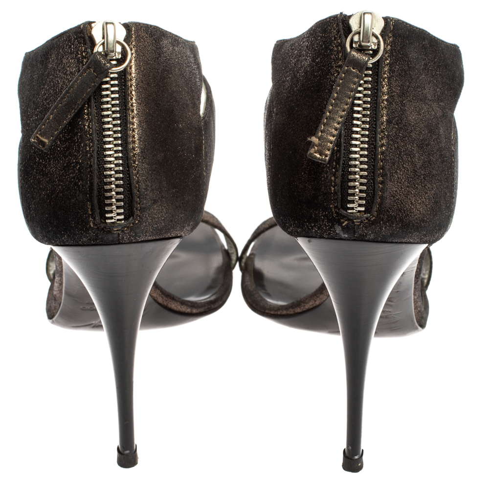 Giuseppe Zanotti Metallic Black Suede Skull Embellished T Strap Sandals Size 38