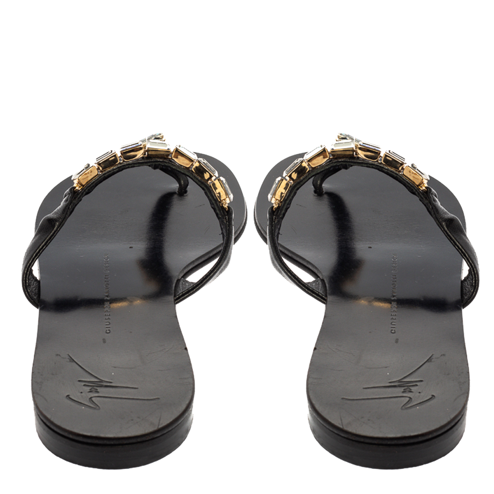 Giuseppe Zanotti Black Leather Jewel Embellished Thong Flat Sandals Size 38