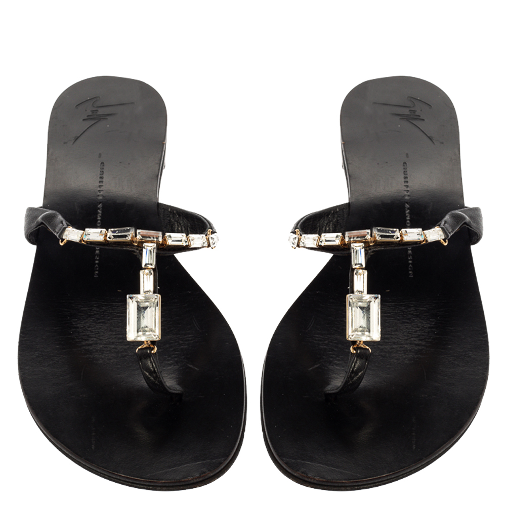 Giuseppe Zanotti Black Leather Jewel Embellished Thong Flat Sandals Size 38