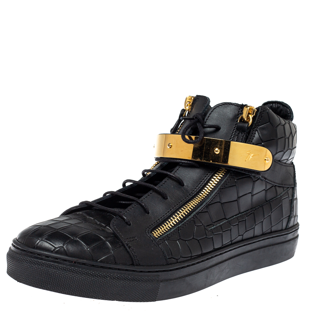 Image of Giuseppe Zanotti Black Croc Embossed Leather Coby High Top Sneakers Size