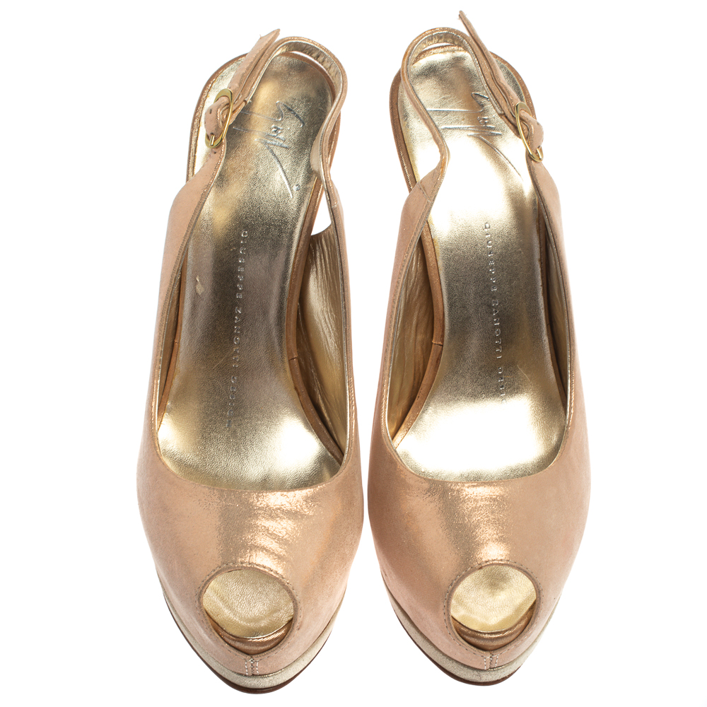 Giuseppe Zanotti Rose Gold Iridescent Leather Peep Toe Sling Back Pumps Size 36.5