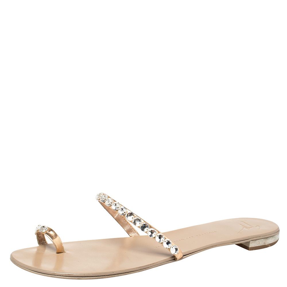 Image of Giuseppe Zanotti Beige Leather Embellished Toe Ring Flat Sandals Size