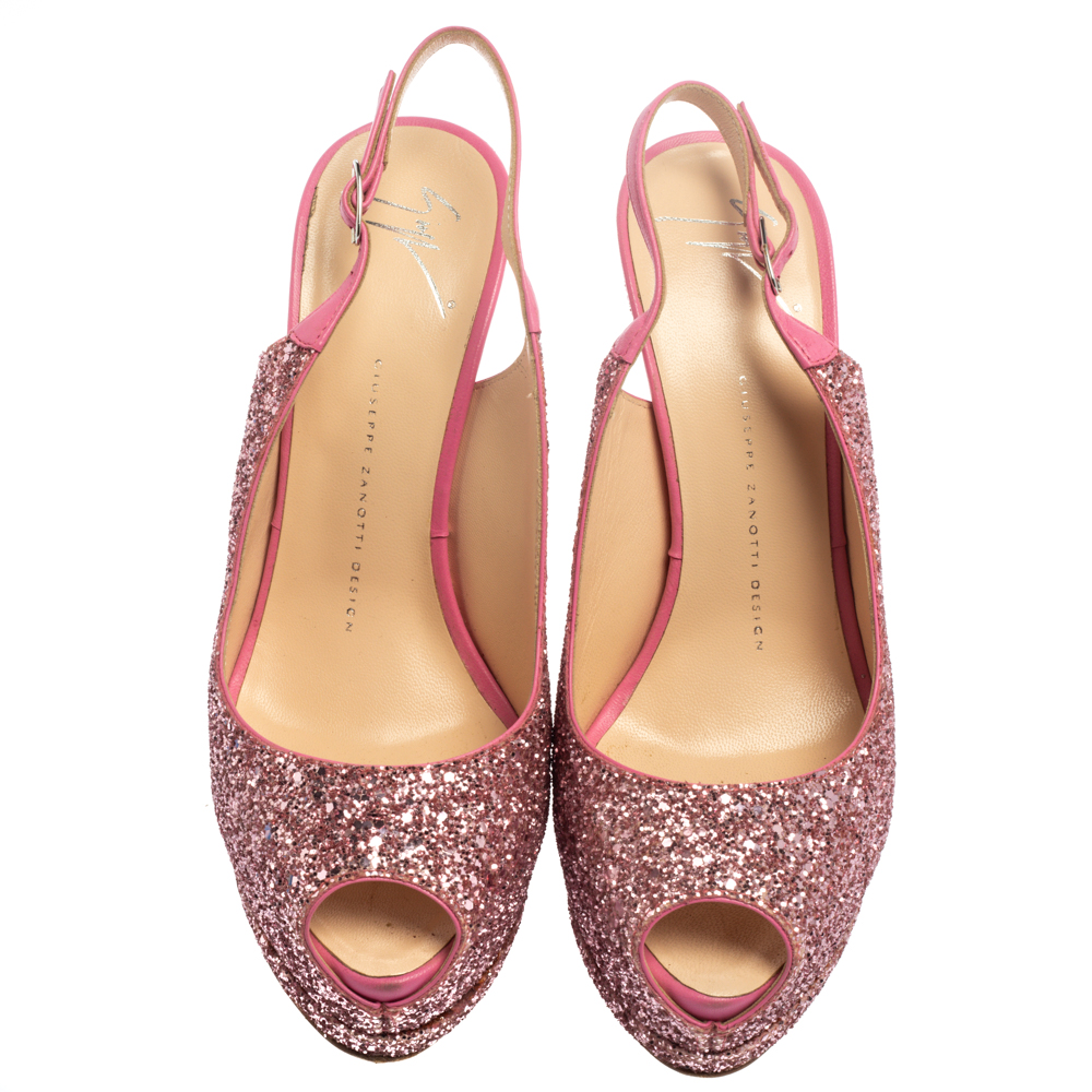 Giuseppe Zanotti Pink Glitter Fabric And Leather  Slingback  Peep Toe Sandals Size 39