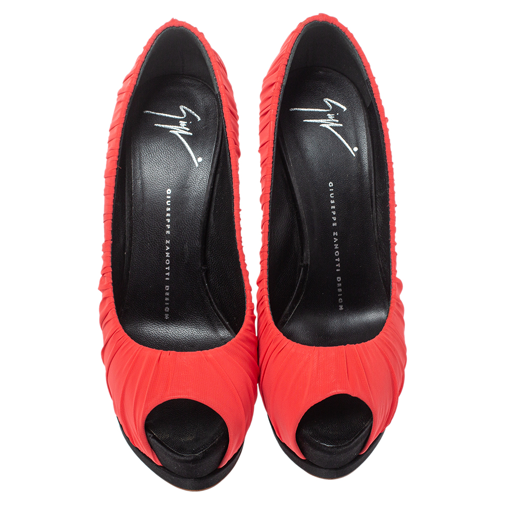 Giuseppe Zanotti Red Ruched Silk Peep Toe Platform Pumps Size 37.5