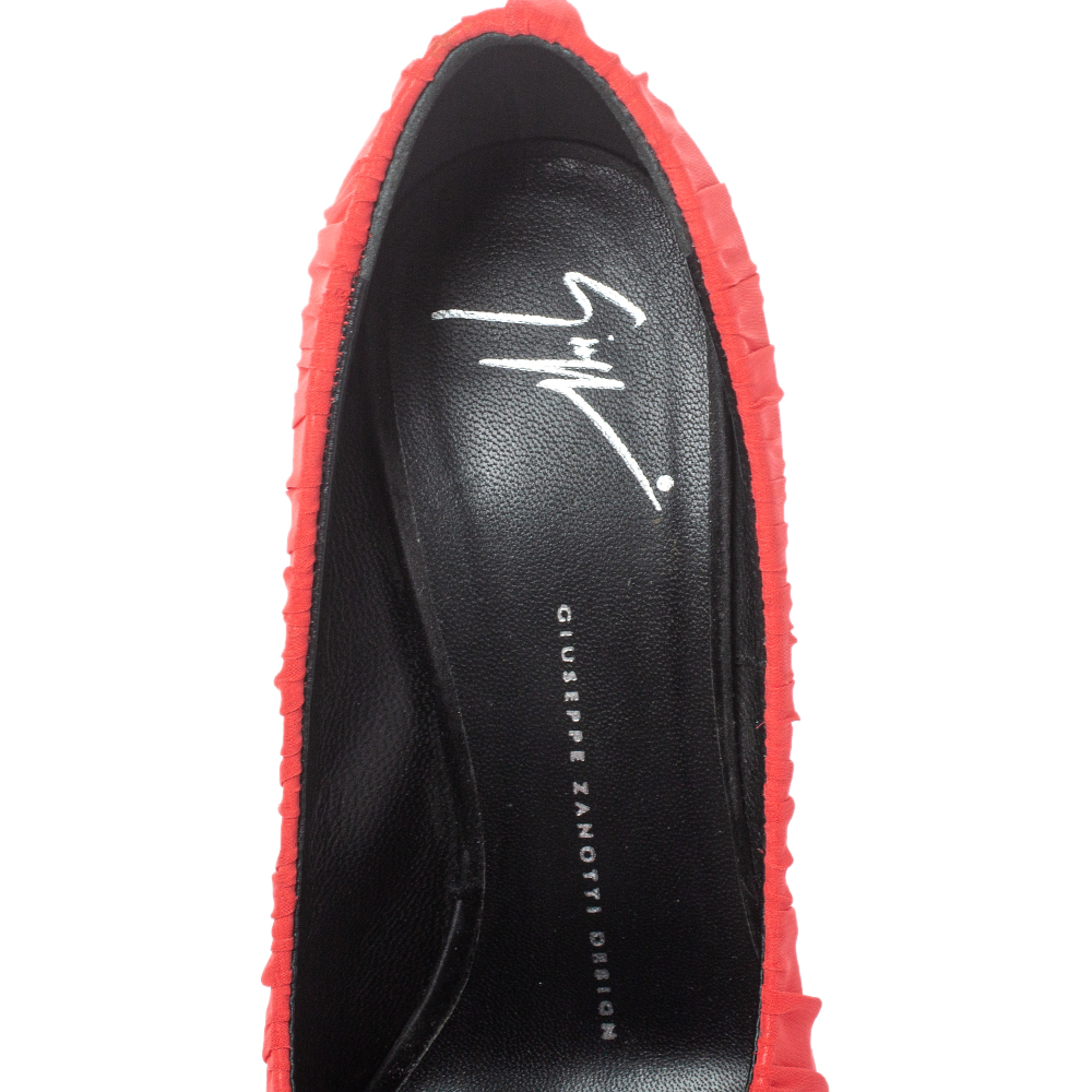 Giuseppe Zanotti Red Ruched Silk Peep Toe Platform Pumps Size 37.5