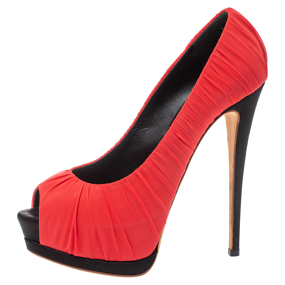 Giuseppe Zanotti Red Ruched Silk Peep Toe Platform Pumps Size 37.5