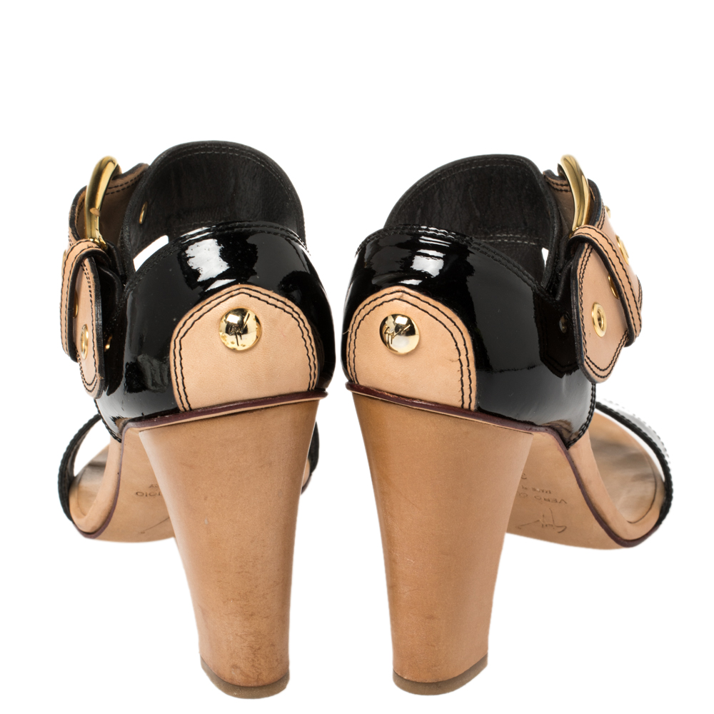 Giuseppe Zanotti Black/ Beige Patent Leather T Strap Ankle Strap Sandals Size 38